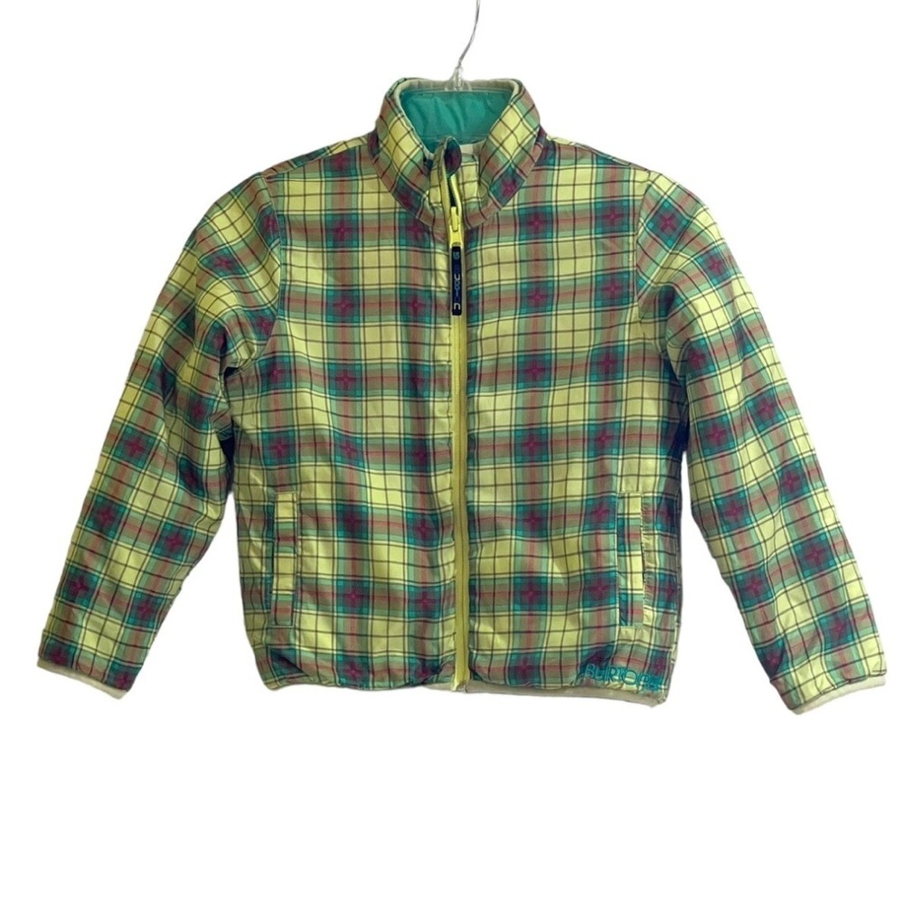 Burton Kids Plaid Puffer Jacket with Green and Yellow Reversible Teal 5/6 Girls
